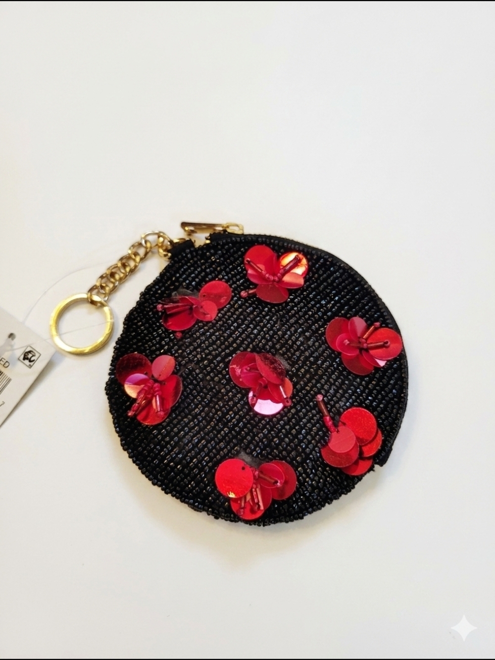 Nwt Black Beaded Round Coin Purse with Red Sequin 3d Poppy Flowers